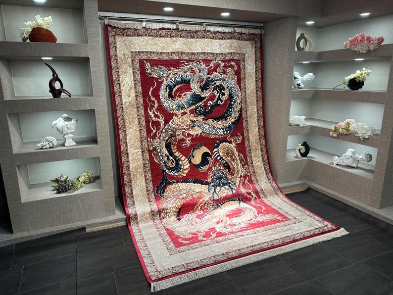 Red Dragon Patterned Silk Rug 7x10, %100 Bamboo Silk Rug, Rug For livingroom, Aesthetic Silk Rug, Unique Silk Rug, Rug For Palace, Red Rug