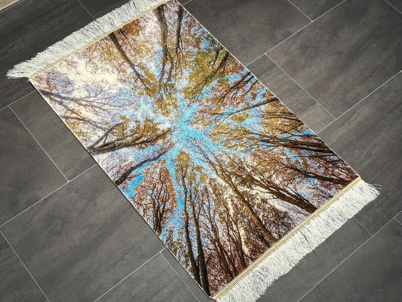 Landscape-Patterned Wall Rug, Tree-Themed Wall Rug 2x3, 2x3 Wall Decor, Soft Silk Carpet, %100 Silk Rug, Unique Wall Decor, Luxury Decor 2x3