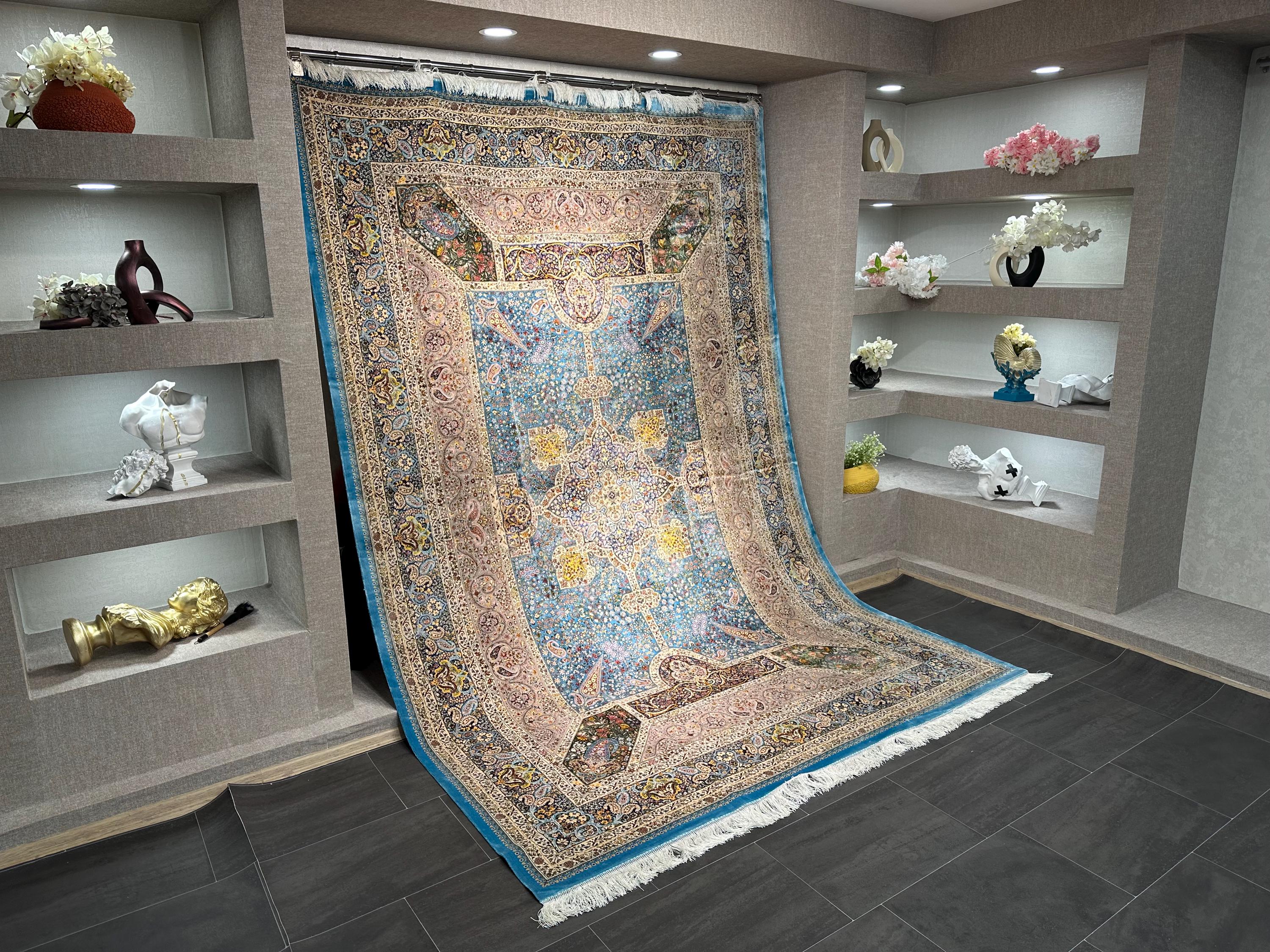 7x10 Light Blue Rug / Silk And Wool Carpet /7x10 Area Rug / Rug For Palace / 7x10 Top Quality Rug / 7x10 Silk Area Rug / Super Soft Rug 7x10