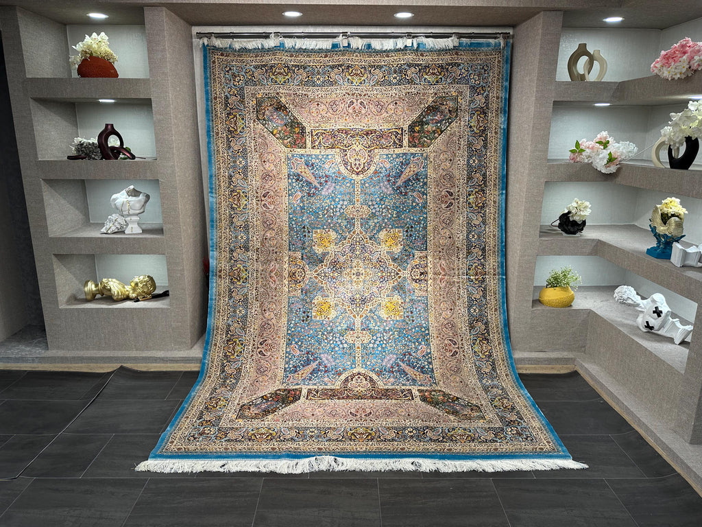 7x10 Light Blue Rug / Silk And Wool Carpet /7x10 Area Rug / Rug For Palace / 7x10 Top Quality Rug / 7x10 Silk Area Rug / Super Soft Rug 7x10