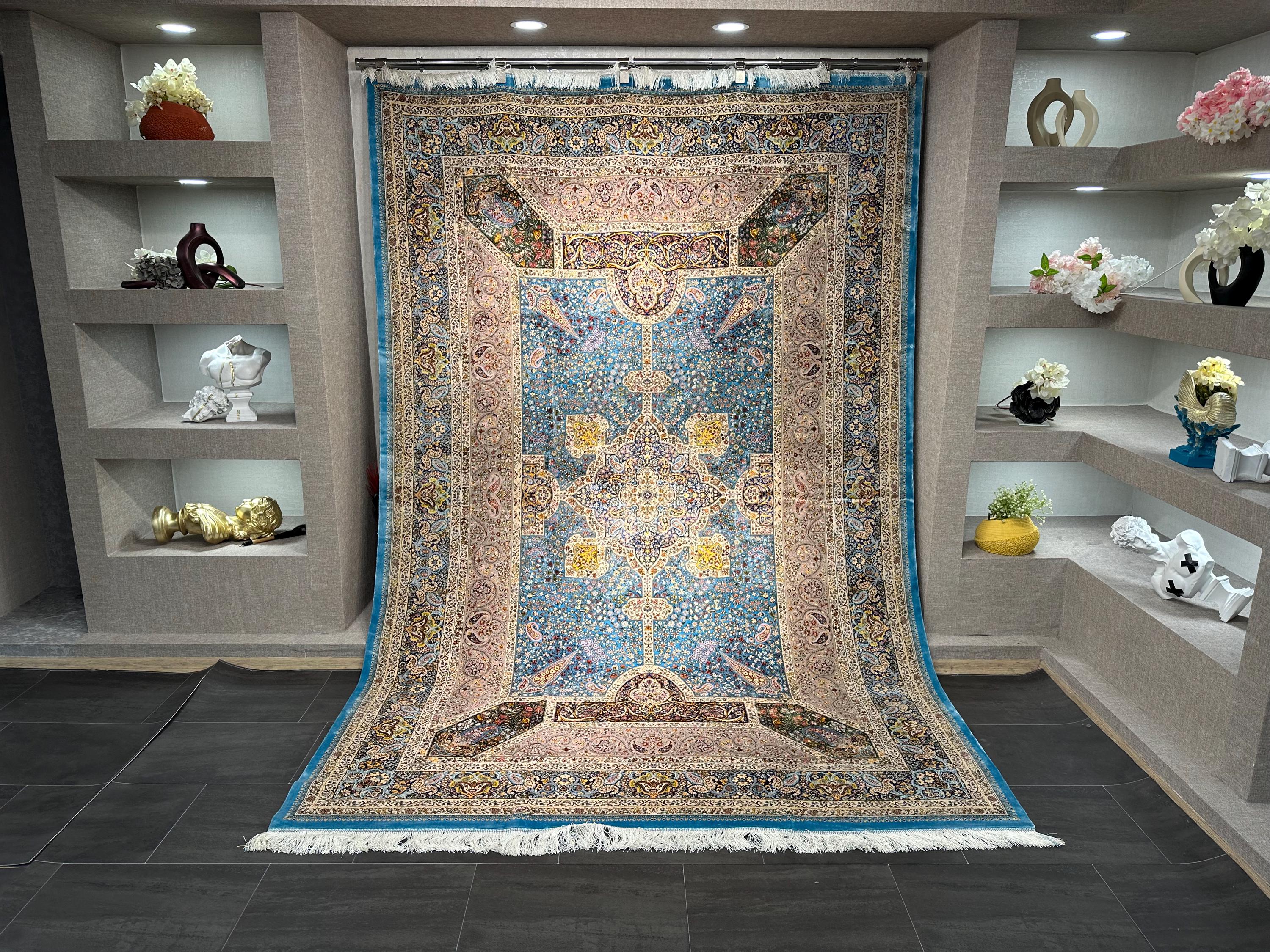 7x10 Light Blue Rug / Silk And Wool Carpet /7x10 Area Rug / Rug For Palace / 7x10 Top Quality Rug / 7x10 Silk Area Rug / Super Soft Rug 7x10