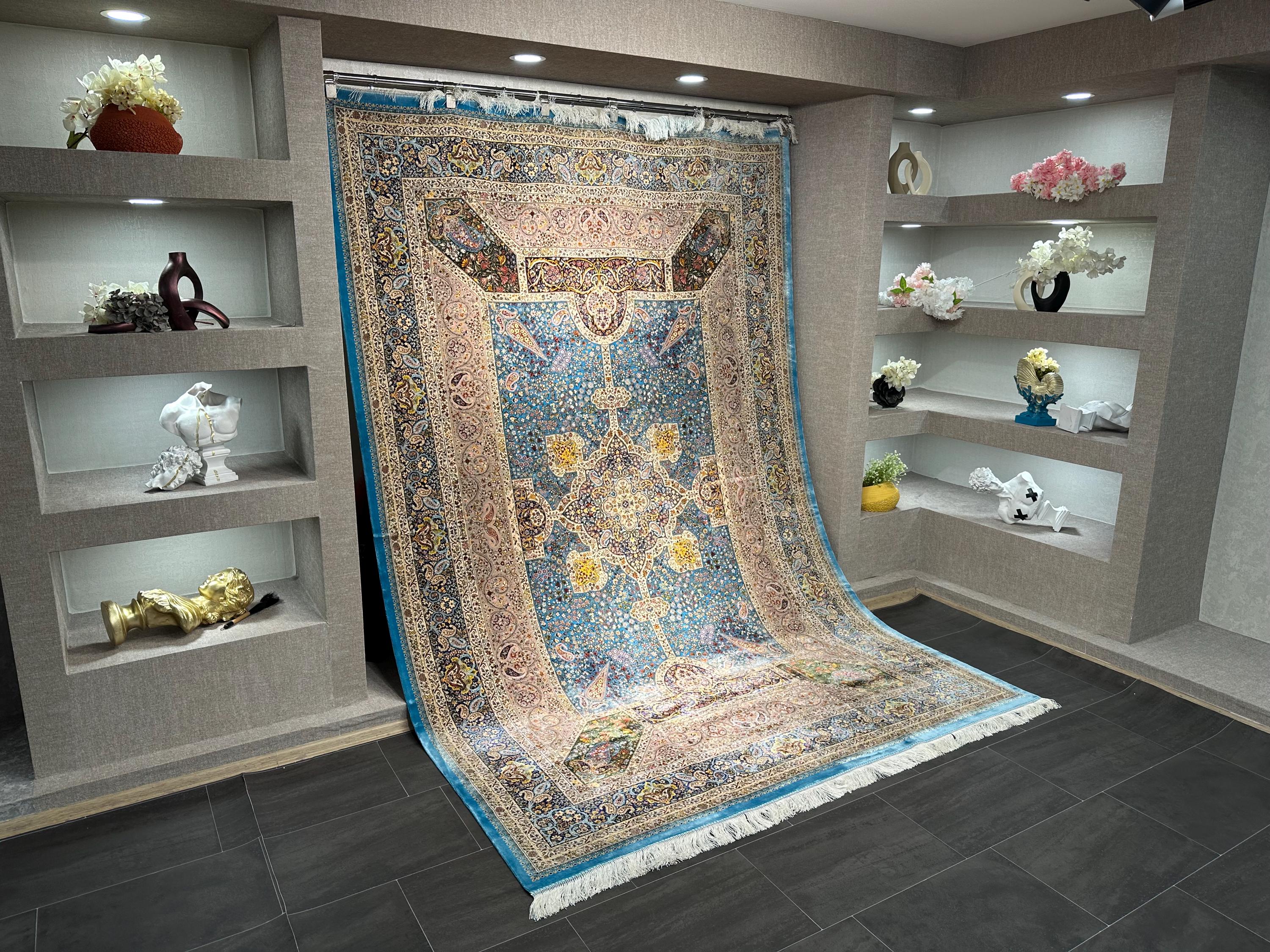 7x10 Light Blue Rug / Silk And Wool Carpet /7x10 Area Rug / Rug For Palace / 7x10 Top Quality Rug / 7x10 Silk Area Rug / Super Soft Rug 7x10