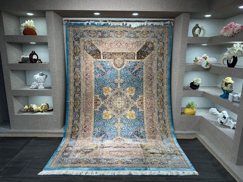 7x10 Light Blue Rug / Silk And Wool Carpet /7x10 Area Rug / Rug For Palace / 7x10 Top Quality Rug / 7x10 Silk Area Rug / Super Soft Rug 7x10